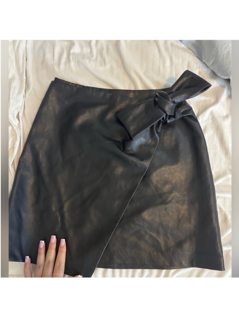Wilfred Black Faux Leather Mini Wrap Skirt with Knot